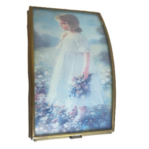 Vintage Via Vermont Etched Glass Trinket Box Girl In Meadow By A Piepperbott - Picture 1 of 8